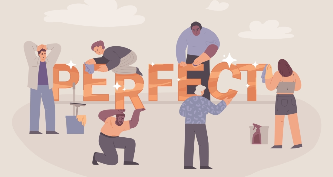 Getekende mensen rond het woord Perfect